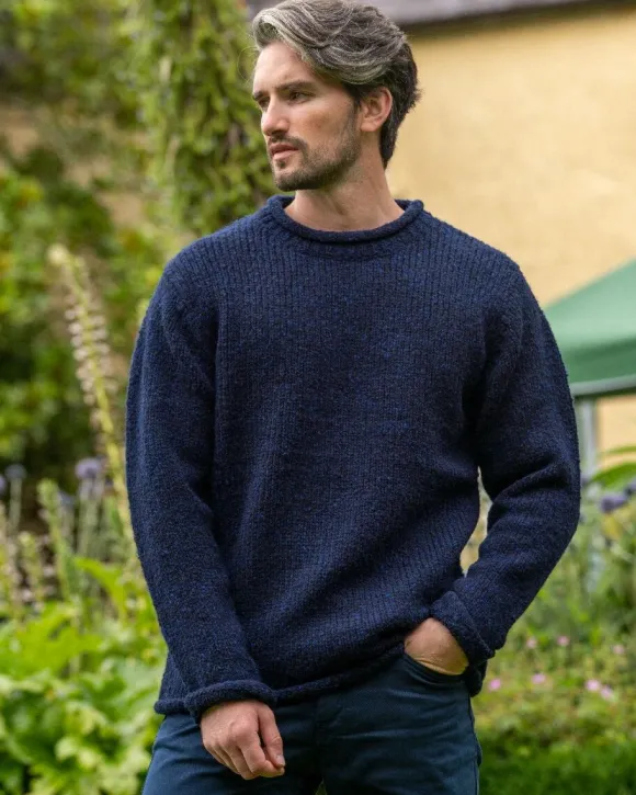 Sale Sweater Shop 100% Donegal Roll Neck Sweater Dark Blue