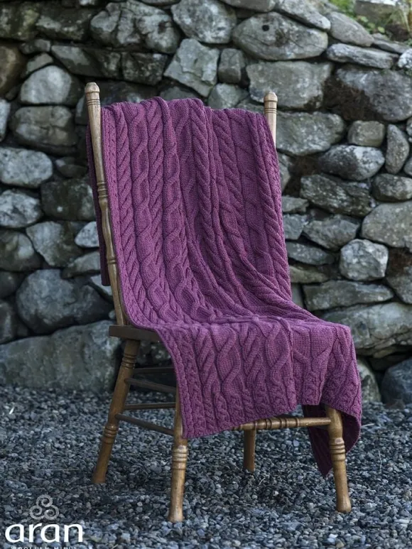 New Sweater Shop Aran Cable Knit Blanket Super Soft Merino Raspberry