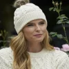 Outlet Sweater Shop Aran Cable Knit Hat Pom Pom Natural