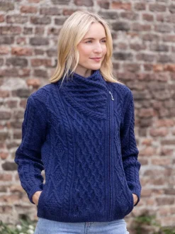 Online Sweater Shop Aran Cable Knit Side Zip Deep Water Blue