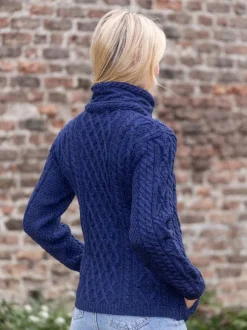 Online Sweater Shop Aran Cable Knit Side Zip Deep Water Blue