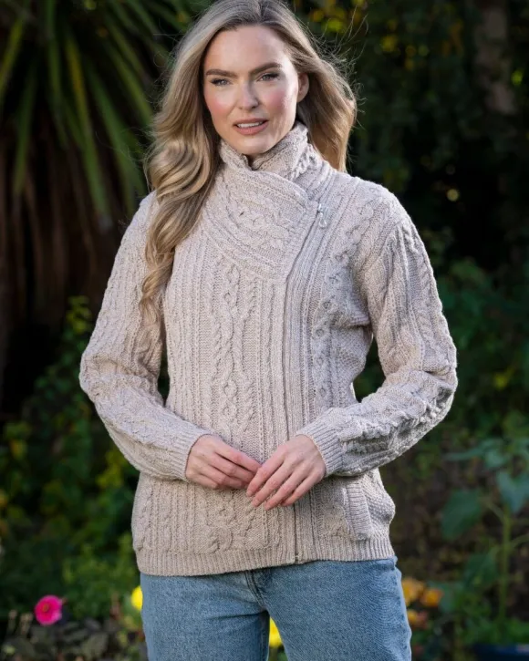 New Sweater Shop Aran Cable Knit Side Zip Parsnip