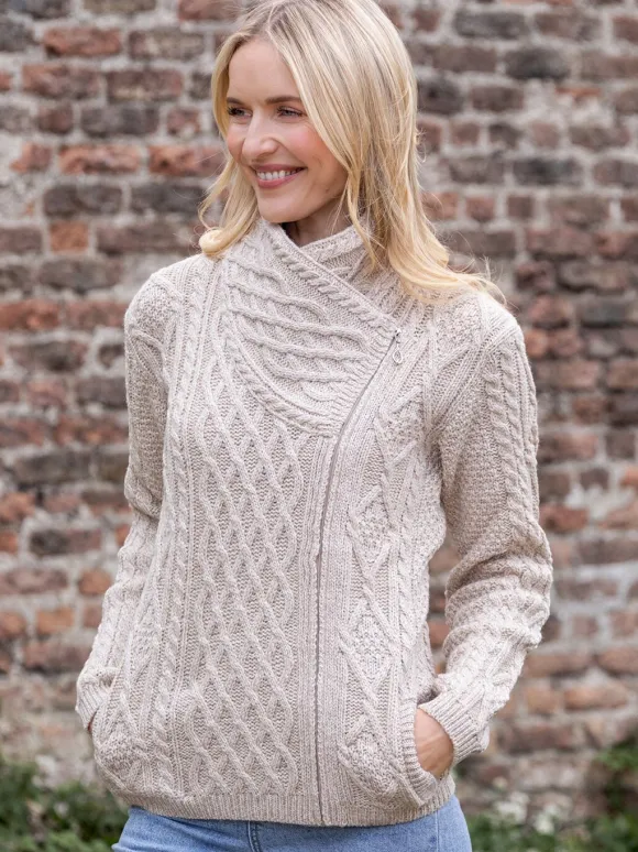 New Sweater Shop Aran Cable Knit Side Zip Parsnip