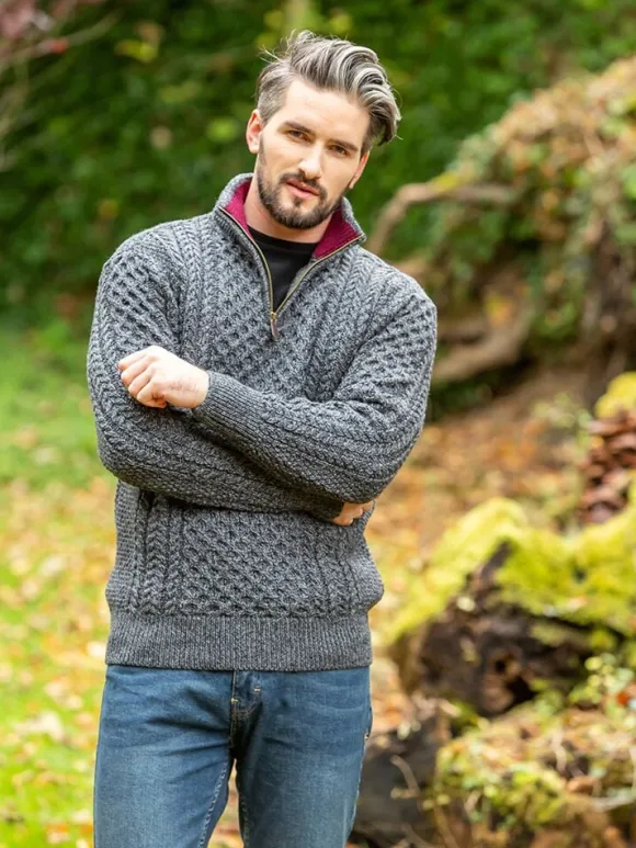 Sale Sweater Shop Aran Half Zip Sweater - 2507 Slate with wine collar