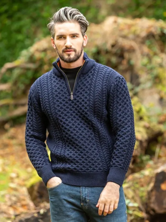 Clearance Sweater Shop ARAN HALF ZIP SWEATER 2507- Navy with Terracotta collar