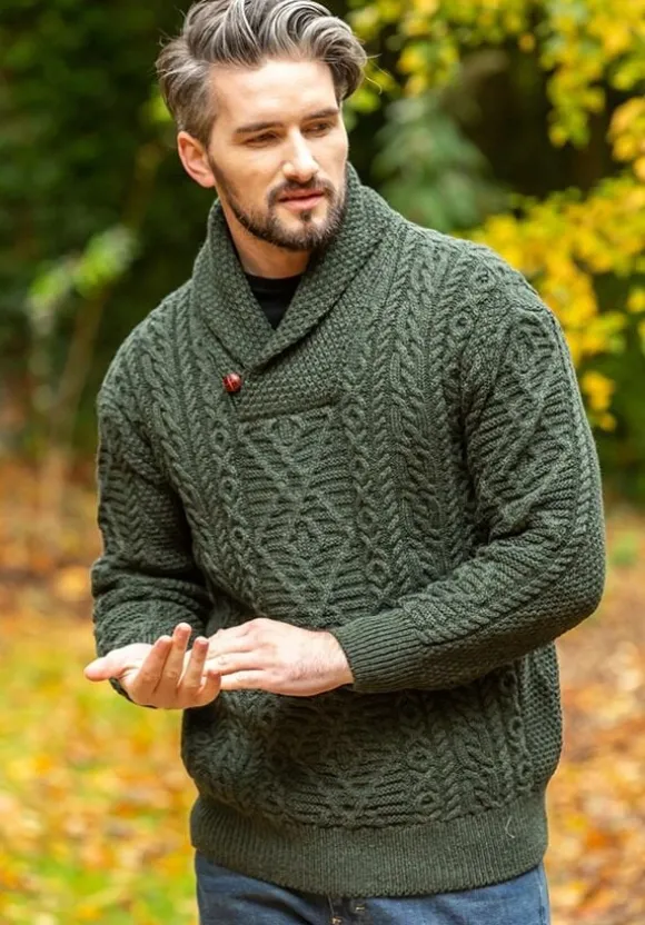 Discount Sweater Shop Aran Shawl Neck Sweater Army Green