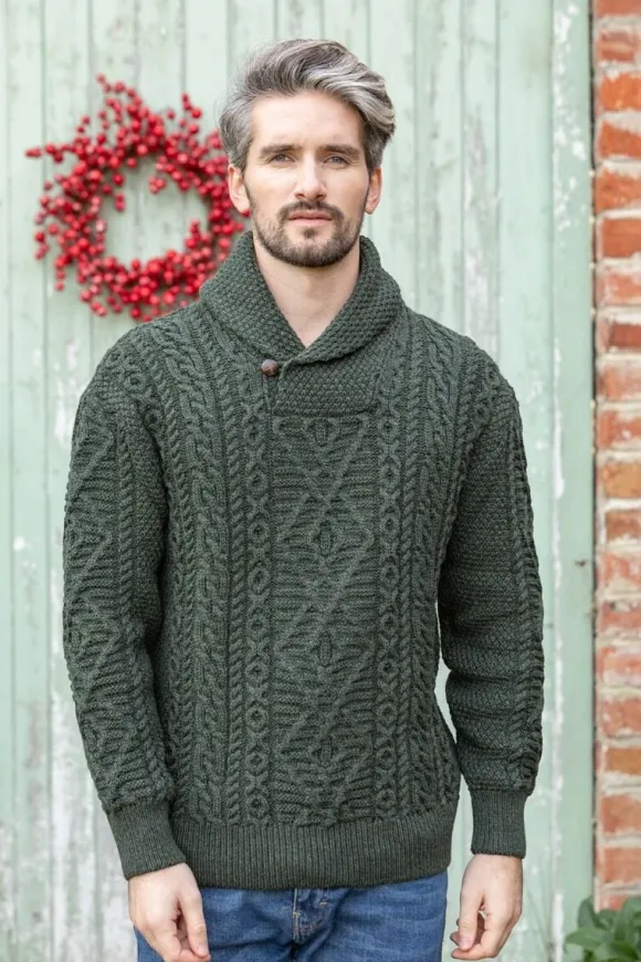 Discount Sweater Shop Aran Shawl Neck Sweater Army Green