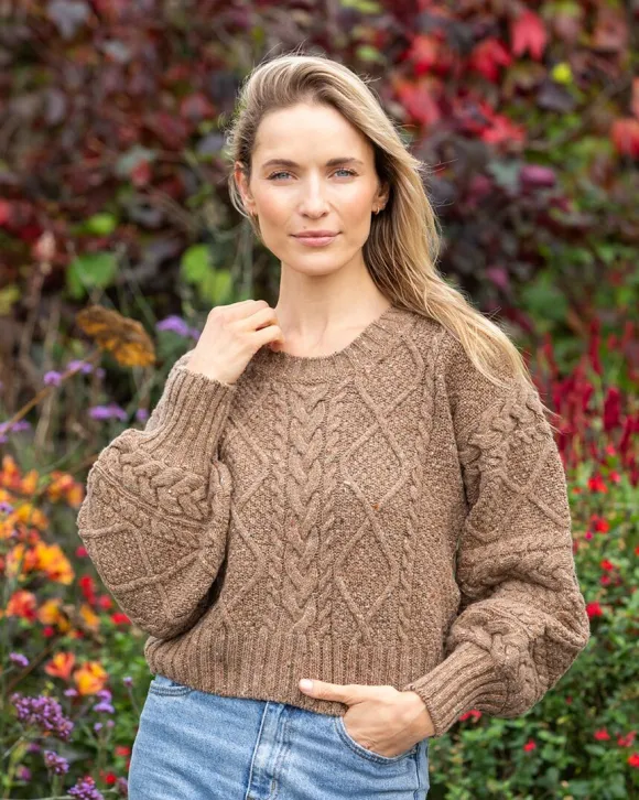 Best Sweater Shop Cable Knit Cropped Crew Neck Sweater Biscuit