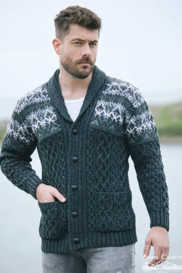 Sale Sweater Shop Fairisle Shawl Cardigan Charcoal