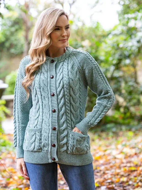 Discount Sweater Shop Fitted Irish Aran Lumbar Cardigan Aqua