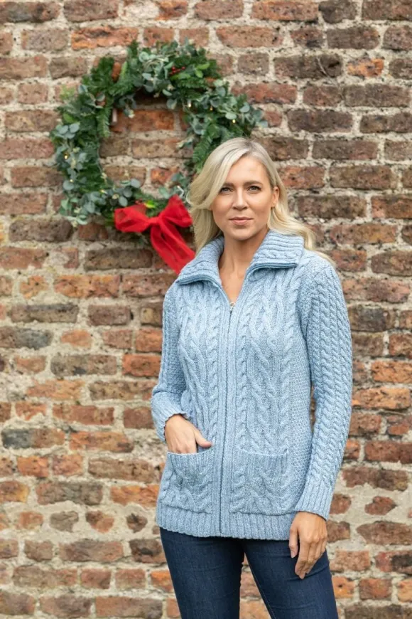 Sale Sweater Shop Full Zip Aran Sweater Sky Blue