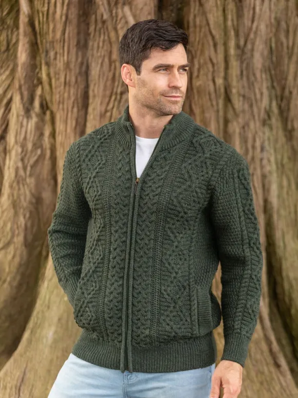 Fashion Sweater Shop Full Zip Mens Aran Cardigan - Army Green
