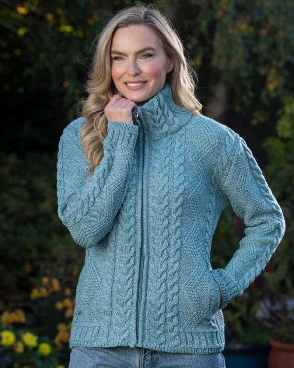 Best Sweater Shop Ladies Aran Turtleneck Zip Aqua