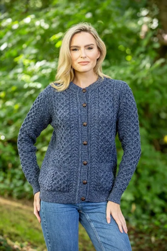 Outlet Sweater Shop Ladies Cable Knit Cardigan Denim Marl
