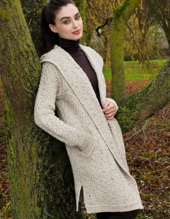 New Sweater Shop Ladies Herringbone Shawl Collar Hooded Coat Oatmeal