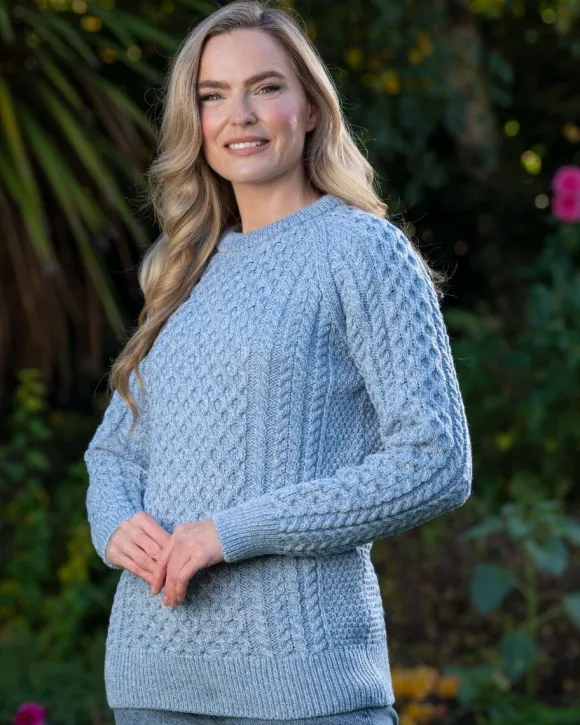 Sale Sweater Shop Ladies Merino Wool Fitted Aran Sweater Sky Blue