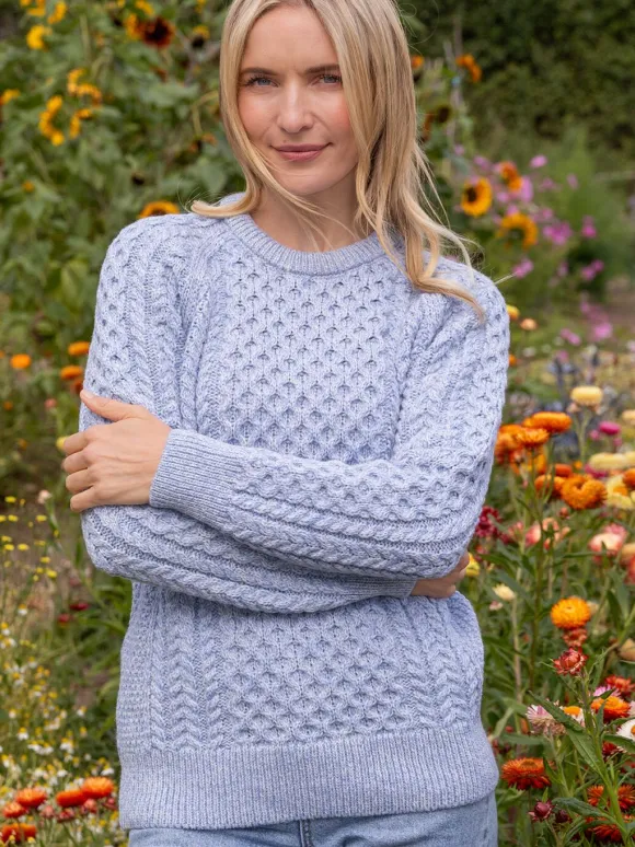 Sale Sweater Shop Ladies Merino Wool Fitted Aran Sweater Sky Blue