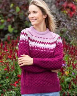 Sale Sweater Shop Ladies Merino Wool Fitted Fairisle Sweater Raspberry