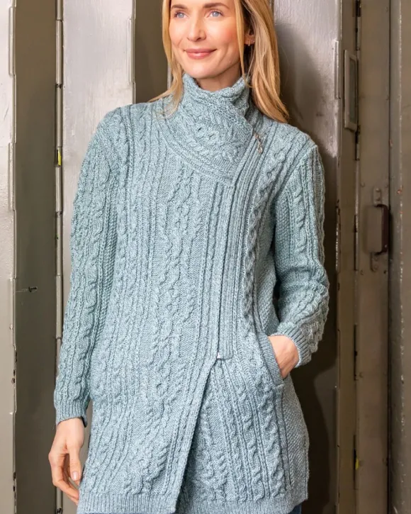 Sale Sweater Shop Long Side Zip Biker Jacket - 100% Merino Wool Aqua