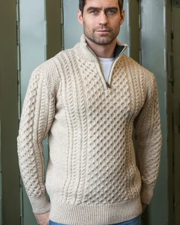 Fashion Sweater Shop Mens Aran Half Zip Neck Sweater Beige