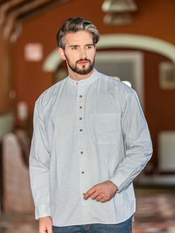 Clearance Sweater Shop Men's Check Traditional Grandfather Shirt - SW1234