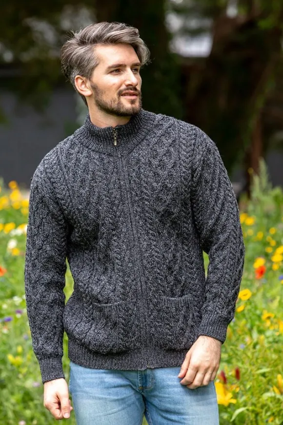 Clearance Sweater Shop Men's Merino Wool Full Zip Aran Cardigan