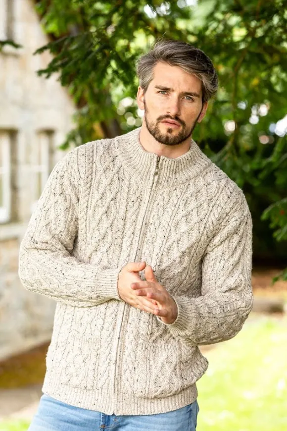 Clearance Sweater Shop Men's Merino Wool Full Zip Aran Cardigan