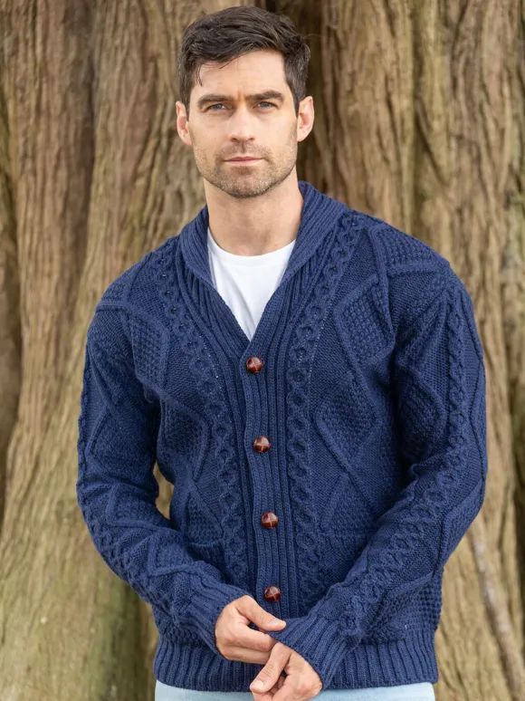 Hot Sweater Shop Men's V Neck Aran Cardigan Deep Water Blue