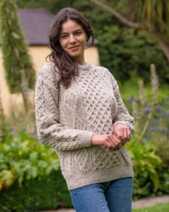 Best Sweater Shop Pure Wool Unisex Aran Sweater Oatmeal Fleck