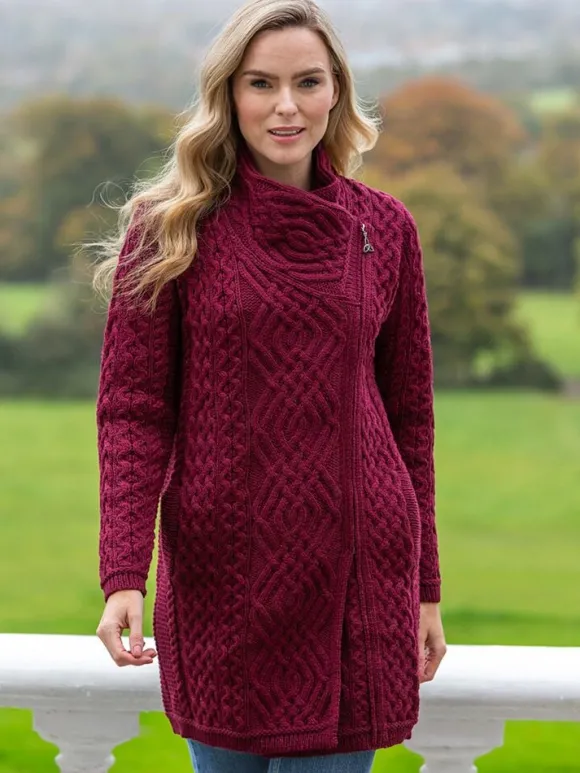 Hot Sweater Shop Side Zip Aran Coat Burgundy