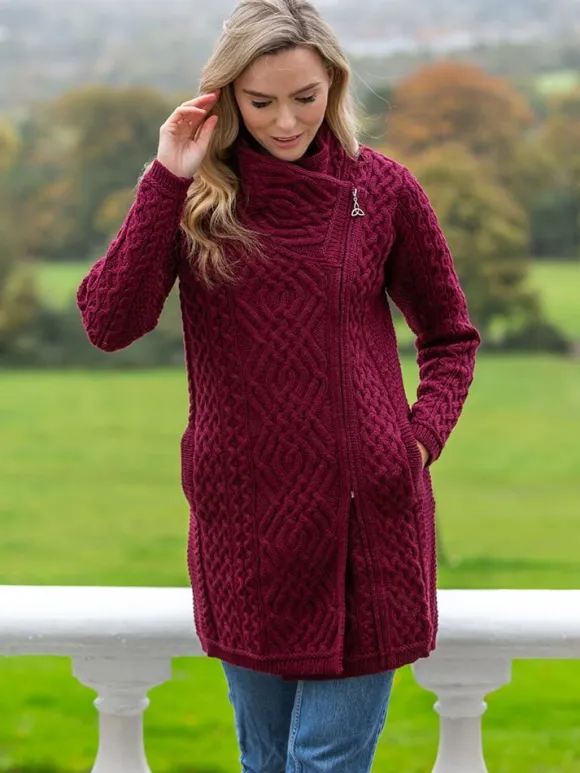 Hot Sweater Shop Side Zip Aran Coat Burgundy