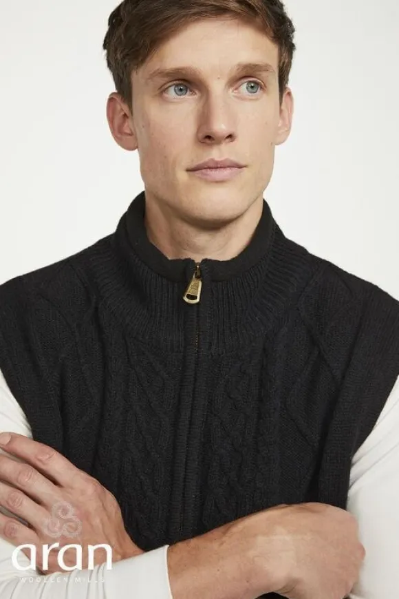 Online Sweater Shop Sleeveless Lined Shetland Wool Aran Cardigan black