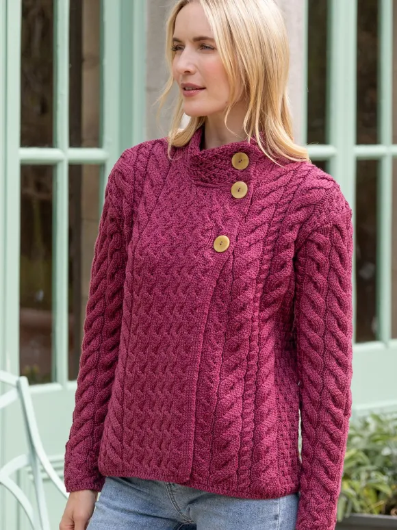 Fashion Sweater Shop Super Soft Aran Button Cardigan Rose