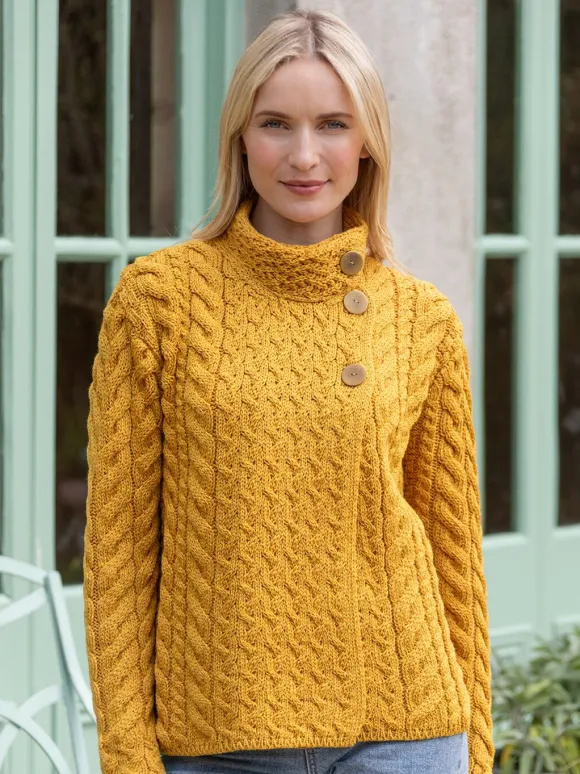 Outlet Sweater Shop Super Soft Aran Button Cardigan Sunshine