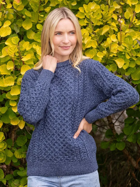 Outlet Sweater Shop Unisex Merino Wool Aran Sweater Denim Marl