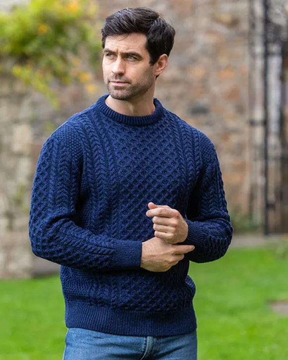 Discount Sweater Shop Unisex Merino Wool Aran Sweater - Deep Water Blue