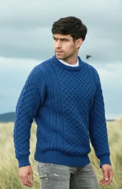 Outlet Sweater Shop Unisex Merino Wool Aran Sweater Denim Blue
