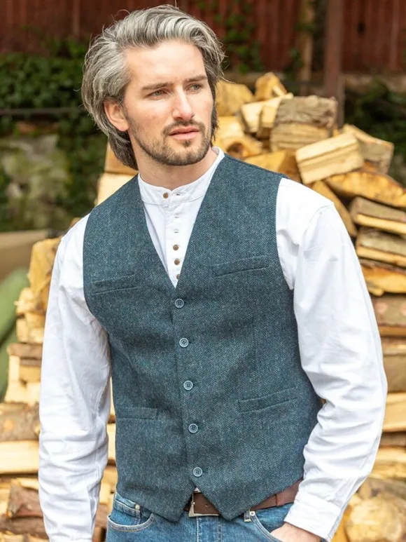 Discount Sweater Shop Wool Blend Lined Waistcoat Navy Herringbone